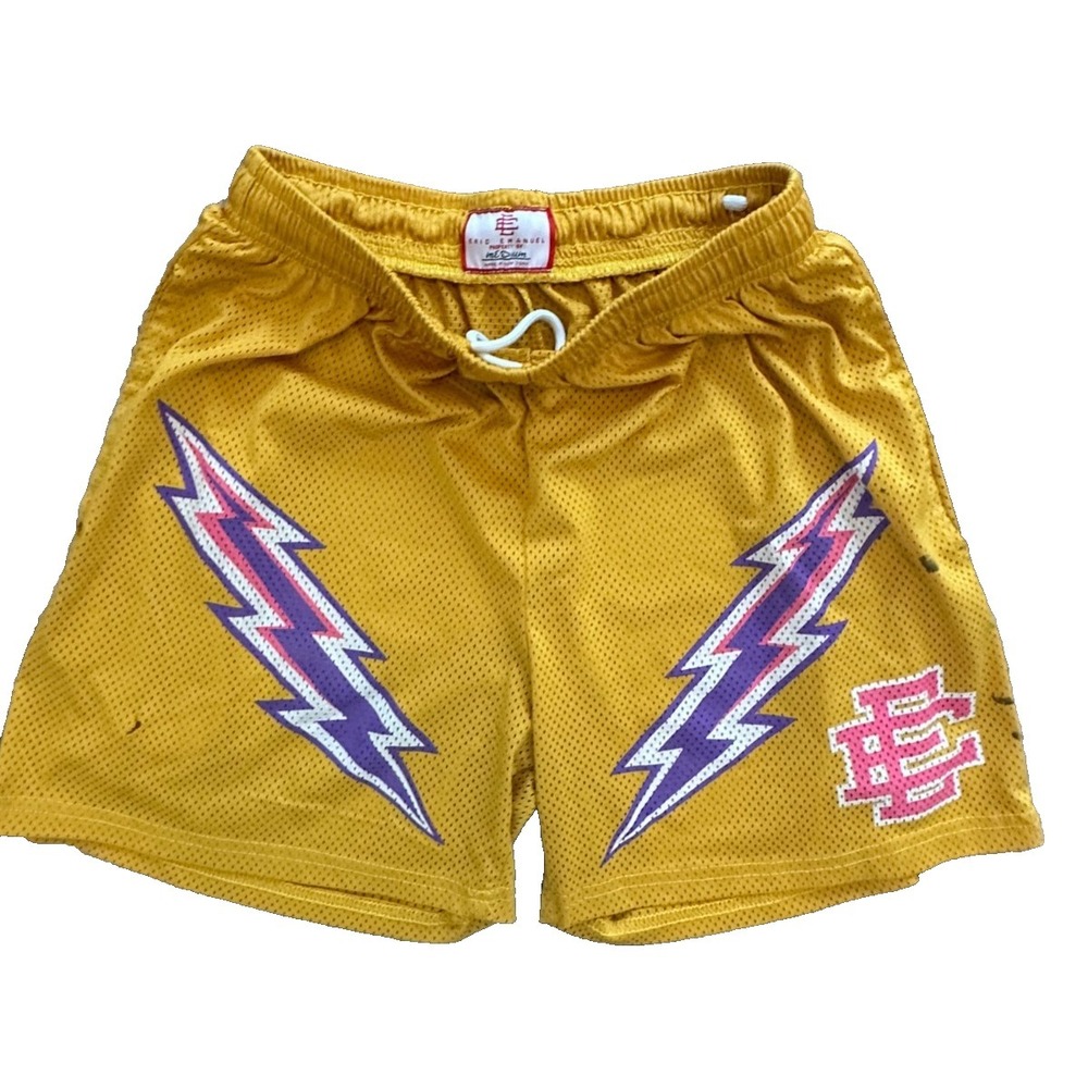 Eric Emanuel EE Bolt Basic shorts Yellow Pink Sz M Thrashed WORN AS IS